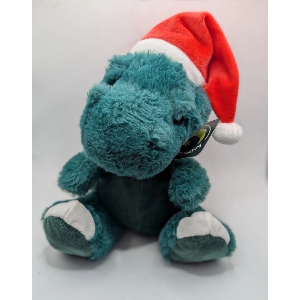 Animal Adventure 9" Dinosaur Stuffed Animal Teal White Red Santa Hat Plush Cute